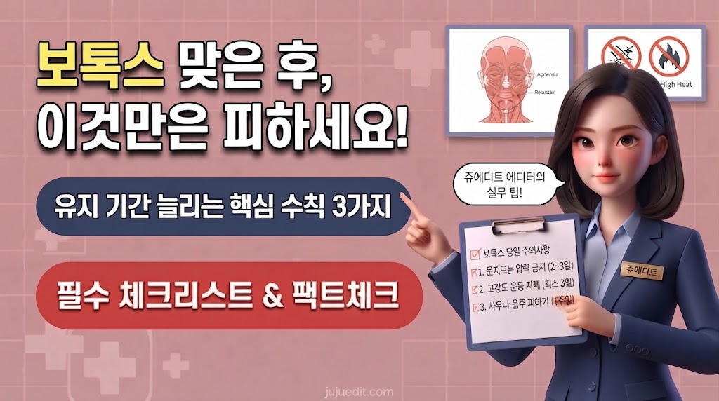 "보톡스 맞은 후, 이것만은 피하세요!" 문구와 유지 기간을 늘리는 핵심 수칙 체크리스트를 안내하는 쥬에디트 캐릭터의 3D 인포그래픽 이미지