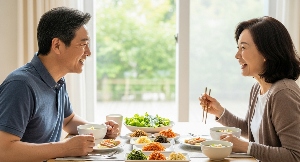 50대 중년 부부가 함께 식탁에 앉아 웃으며 거꾸로 식사법을 실천하는 모습. 한국식 건강한 밥상이 차려져 있으며, 창밖으로는 싱그러운 햇살이 비친다.