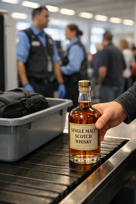 공항 보안검색대에서 중년 남성 여행객의 손이 싱글몰트 위스키 병을 검색용 컨베이어 벨트 옆에 조심스럽게 내려놓는 모습