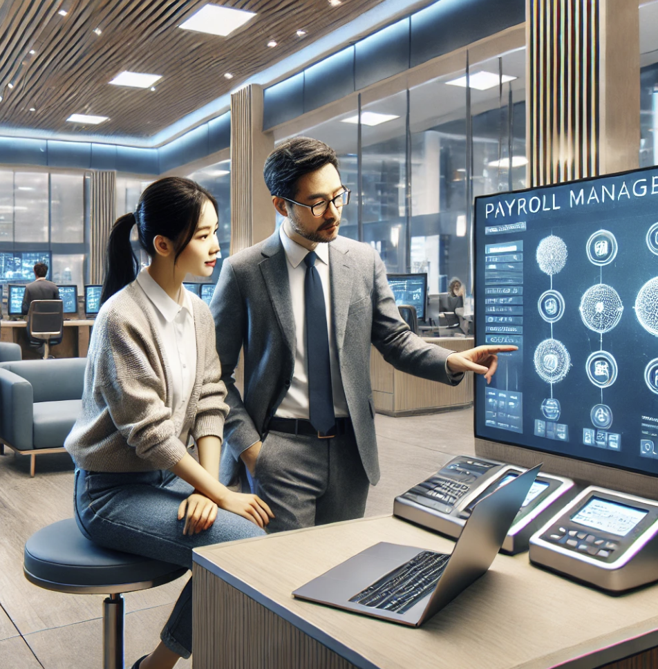 은행 내부에서 급여 관리에 대해 논의하는 재정 상담사와 사업주의 모습
