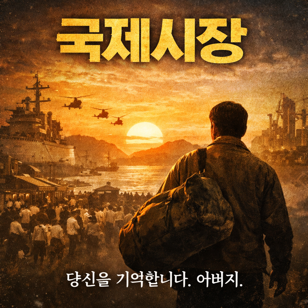 피난가는 사람들과 짐을 들고가는 아버지의 뒷모습.
영화제목과 한줄평이 삽입되어 있음.