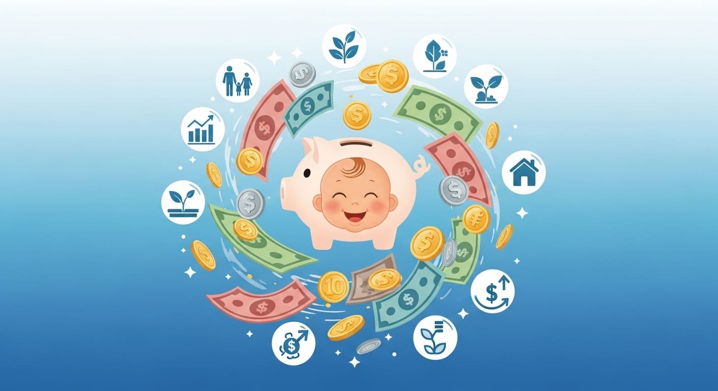 육아휴직 급여와 재정적 안정성을 상징하는 돈, 저금통, 그리고 행복한 아기 얼굴 아이콘들이 어우러진 그림.