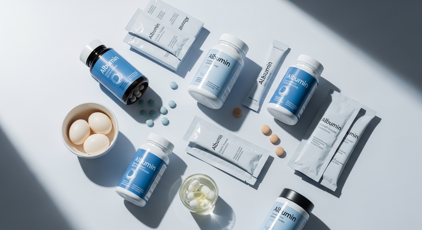 알부민 영양제 캡슐, 액상 파우치, 계란 흰자 등 다양한 제형을 보여주는 모습