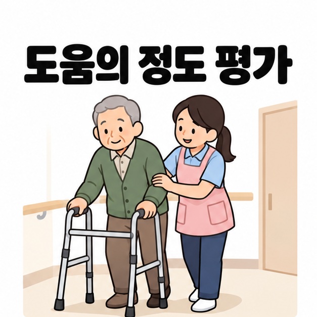 도움의 정도 평가 문구와 보행 보조기를 잡은 노인의 팔을 받쳐 이동을 돕는 돌봄 제공자
