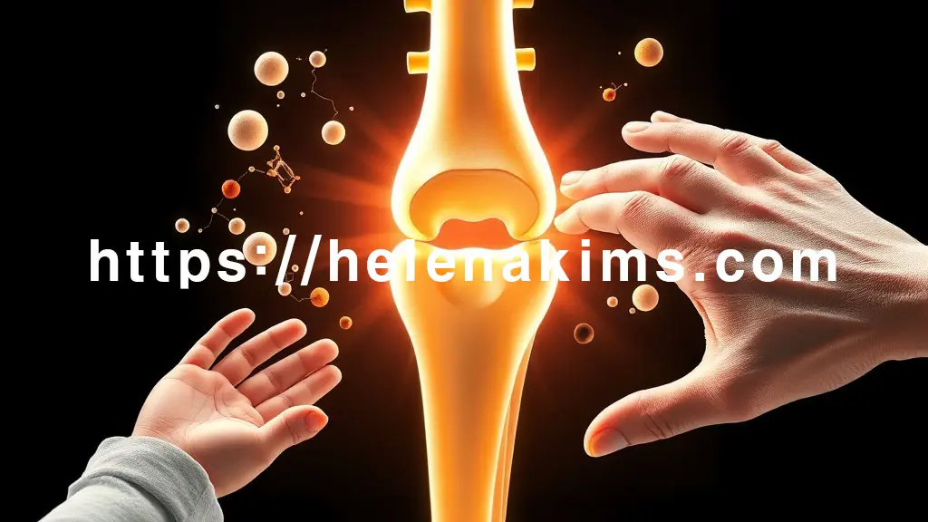 인간 뼈 단면과 유연하게 연결된 관절, 칼슘, 비타민 D, 콜라겐, 콘드로이틴 등 핵심 영양소 입자들이 뼈와 연골 그리고 성장기 어린이가 뼈를 가볍게 잡은 손과 세월의 흔적이 느껴지는 노년의 손이 함께 어우러져, 전 연령대의 골다공증 예방 및 뼈 강화 의미를 상징적으로 표현한 이미지.