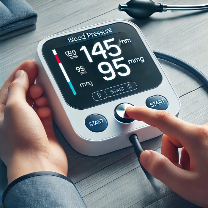 가정에서 혈압 측정을 위해 디지털 혈압계를 사용하는 모습&amp;#44; 145/95 mmHg 수치 표시.
