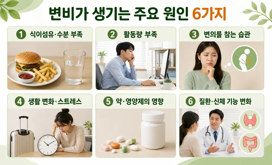 변비가 생기는 주요 원인 6가지와 생활습관 및 약물의 영향