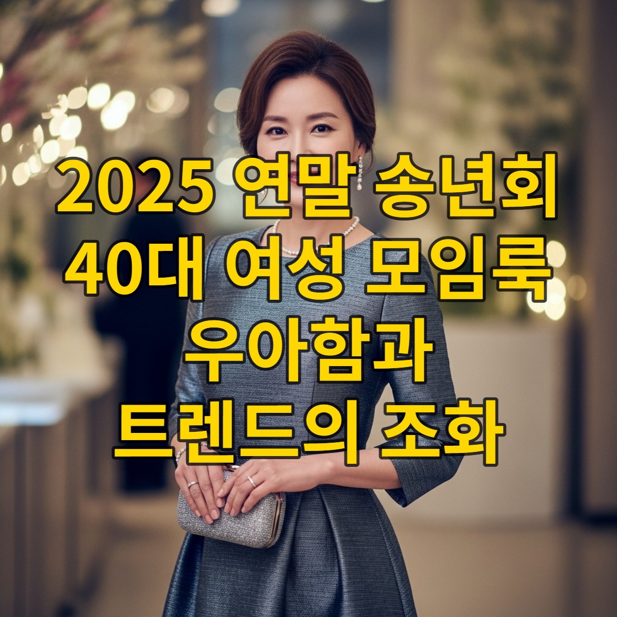 2025년 연말 송년회에서 우아하고 자신감 넘치는 40대 여성이 트렌디한 블루-그레이 드레스를 입고 서 있는 모습. 고급스러운 파티 분위기를 연출합니다.