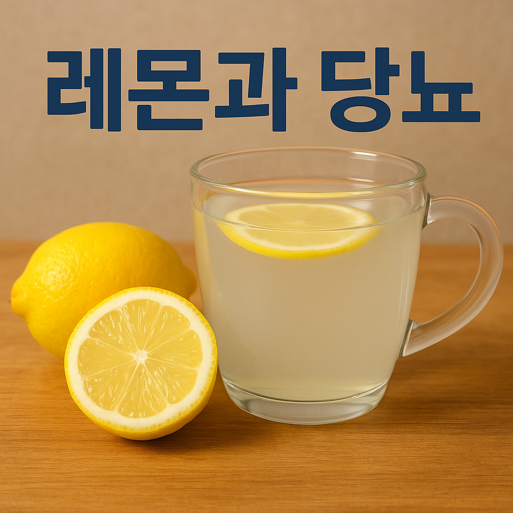 투명한 유리 머그잔에 담긴 레몬물과 옆에 놓인 통레몬과 반으로 자른 레몬. 상단에 ‘레몬과 당뇨’라는 문구가 적혀 있는 썸네일 이미지