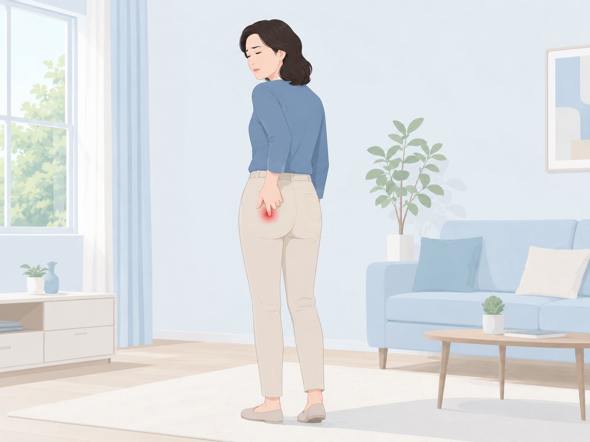 천장관절증후군으로 엉덩이 위쪽 한 지점을 손가락으로 짚으며 아파하는 여성의 뒷모습