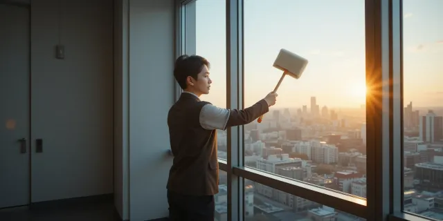 아파드 유리창 청소 도구로 스퀴지를 부드럽게 사용 장면