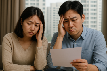 대한민국 아파트 가격이 올라서 근심하는 30대 동양인 부부
