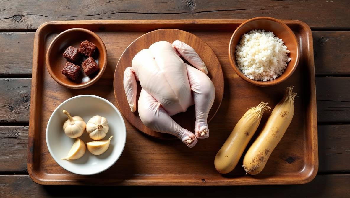 나무 쟁반 위에 삼계탕용 영계와 함께 찹쌀, 통마늘, 대추, 수삼, 황기 등 준비된 재료들이 예쁘게 놓여있는 사진