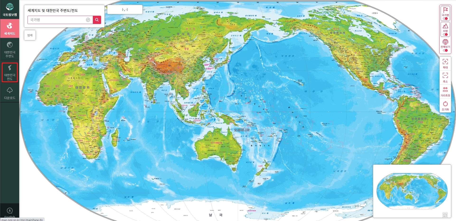 세계지도 화면에서 대한민국 전도 탭 선택하기