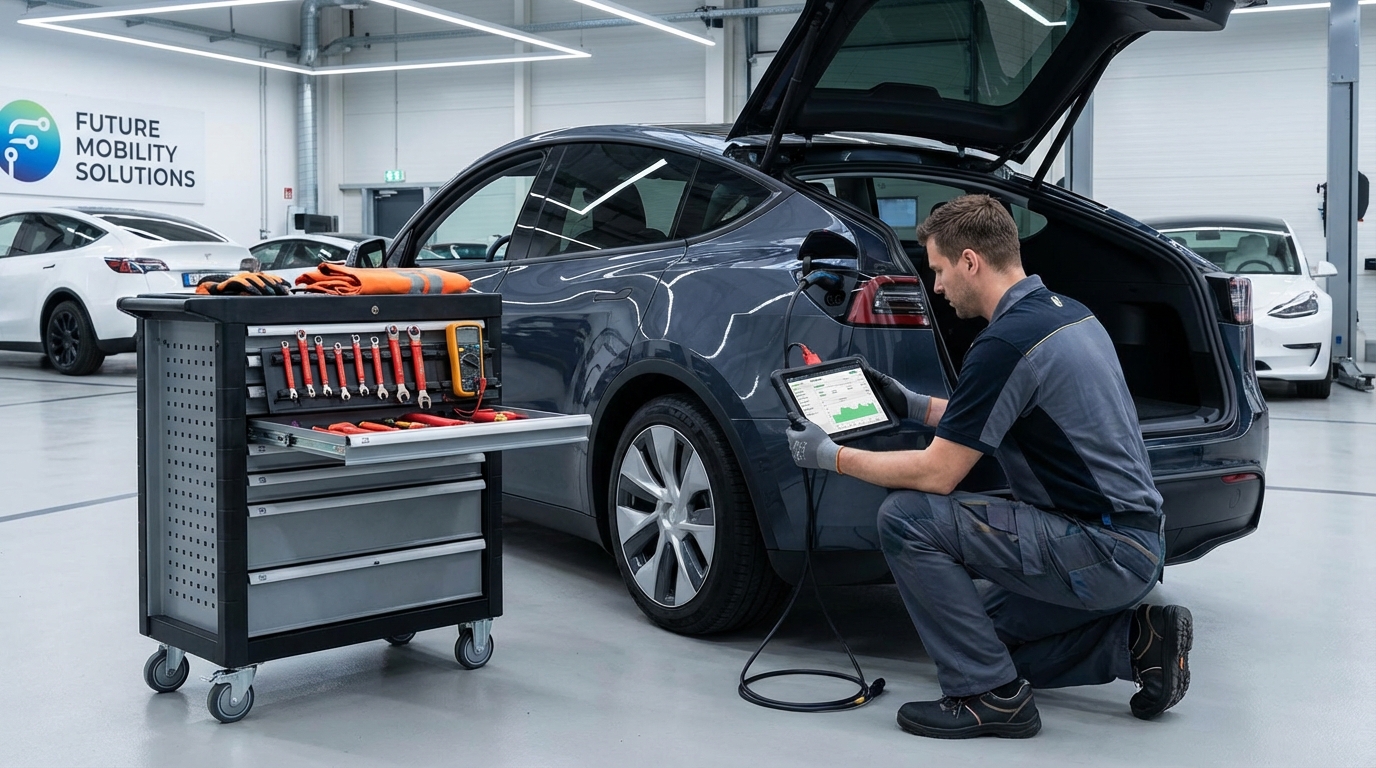 전기차 전문 진단기로 테슬라 배터리 건강 상태를 측정하는 장면