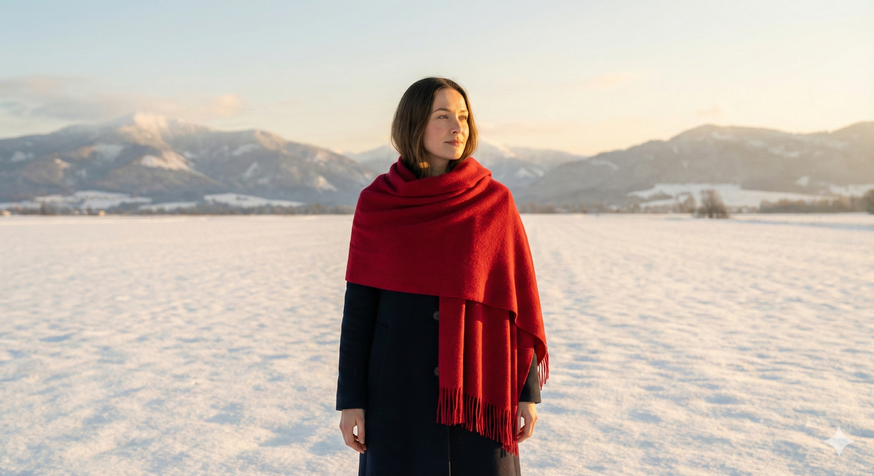 순백의 설원 위에서 붉은 숄을 두르고 건강한 온기를 뿜어내는 여성의 모습