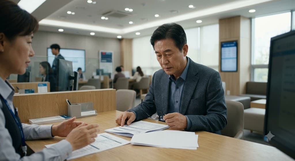 은행 창구에서 서류를 보며 상담받는 중년 남성, 차분한 사무실 조명, 사실적인 사진 스타일