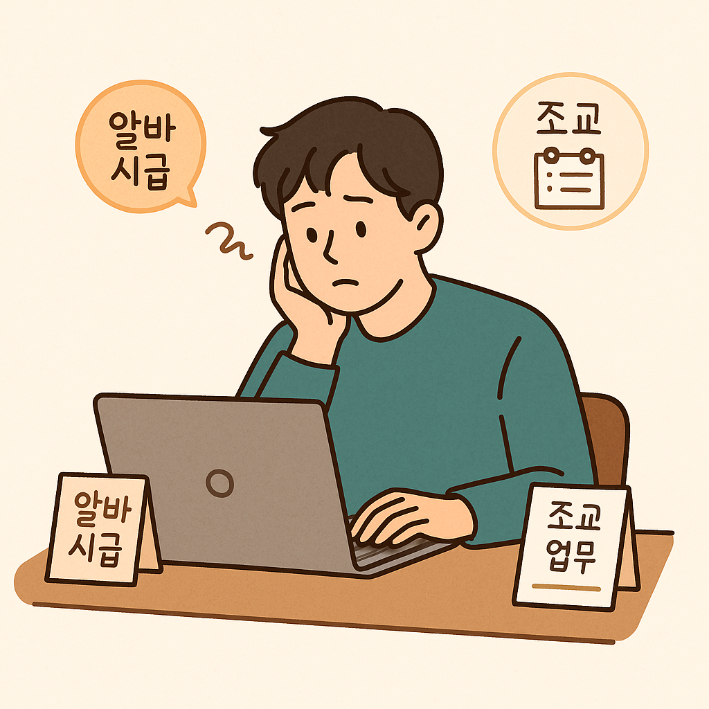 근로 여부와 주휴수당 가능성을 고민하는 대학원생이 노트북 앞에 앉아 있고, 책상에는 알바 시급과 조교 업무 메모가 놓여 있음