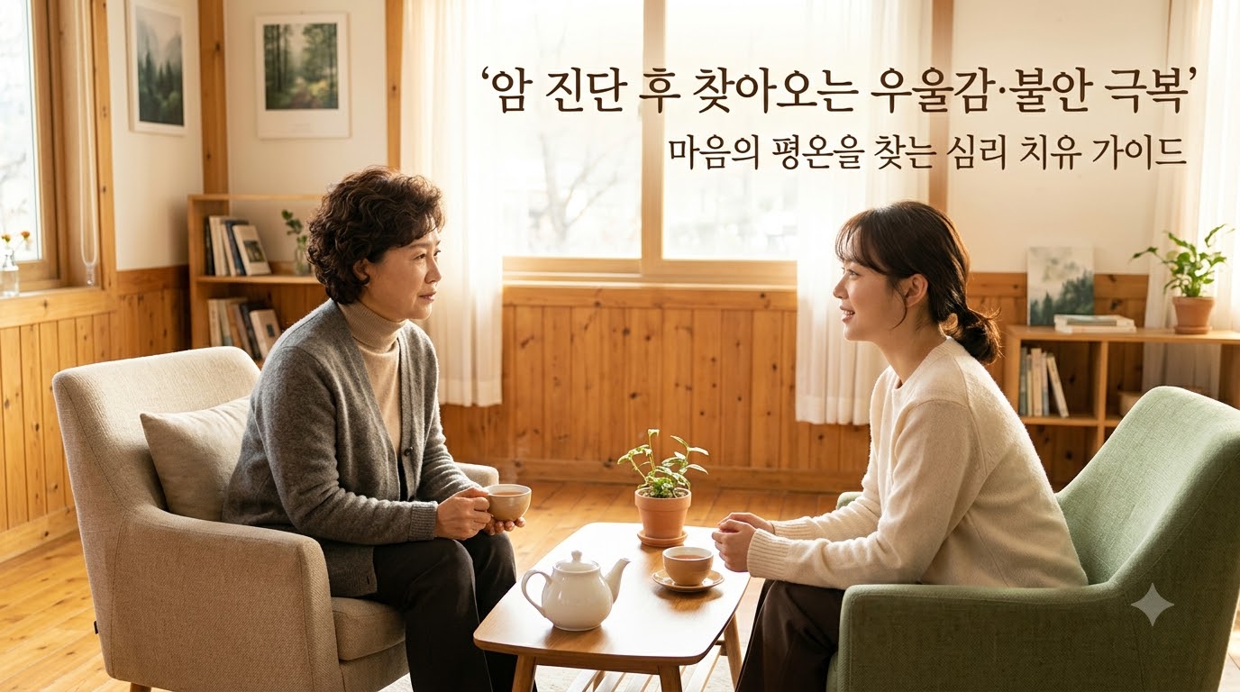 햇살이 은은하게 비치는 아늑하고 편안한 심리 상담실에서 따뜻한 차를 마시며 전문 상담사와 환자가 밝고 위로받는 표정으로 마음의 안정을 찾고 있는 모습. '암 진단 후 찾아오는 우울감&middot;불안 극복', '마음의 평온을 찾는 심리 치유 가이드'라는 문구가 적혀 있어, 암 진단 후 찾아오는 우울과 불안 극복을 위한 심리적 지지와 치유의 중요성을 시각화함.