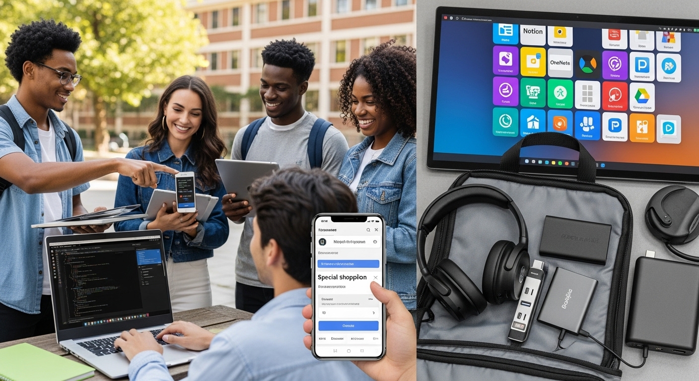 대학생들이 캠퍼스에서 신학기 프로모션으로 구매한 노트북과 태블릿을 보며 즐거워하고 있다.