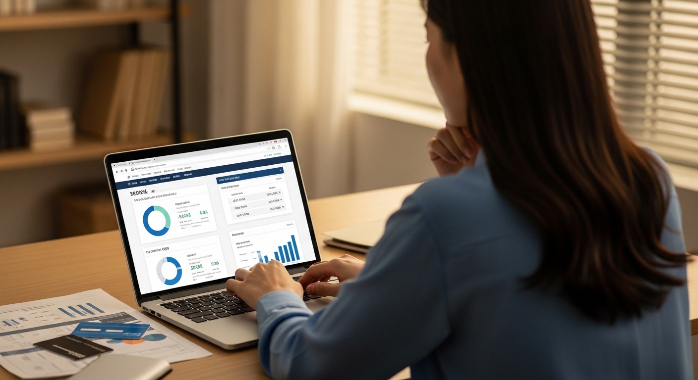 연말정산 미리보기 서비스를 활용해 세금 환급 예측 결과를 분석하고 있는 30대 한국인 직장인이 책상에 앉아 노트북을 보고 있는 장면. 책상 위에는 각종 공제 항목 관련 문서와 카드가 펼쳐져 있으며, 화면에는 그래프와 수치가 표시되어 있음.