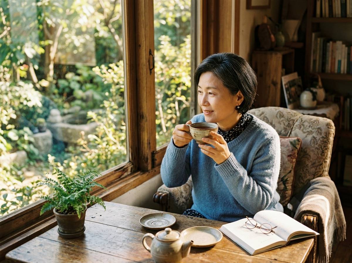 창가에서 차를 마시며 평온한 표정을 짓고 있는 여성, 따뜻한 햇살