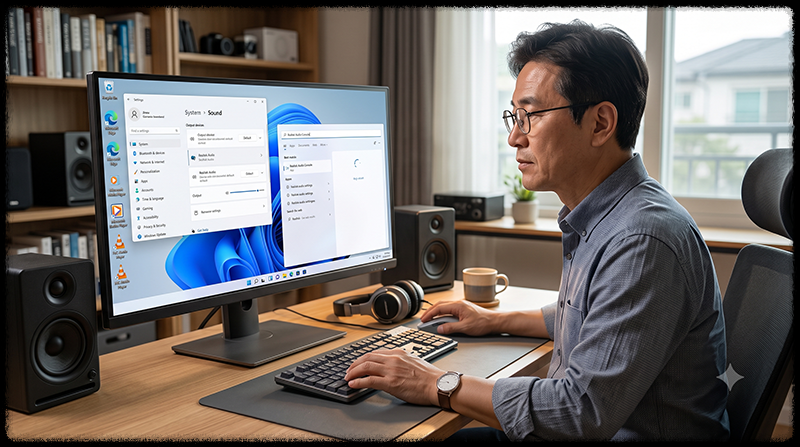 Windows 11에서 사라진 Realtek Audio Console을 다시 설치하려고 확인하는 모습
