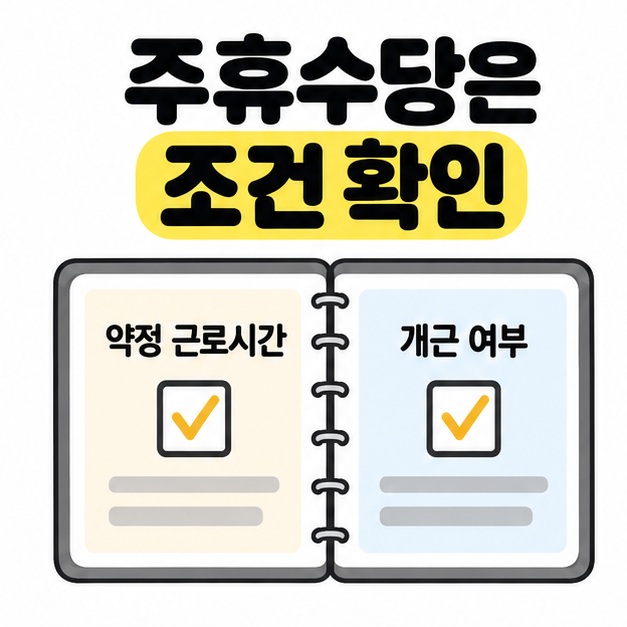 주휴수당 조건 확인이라는 제목 아래 약정 근로시간과 개근 여부에 체크 표시가 있는 펼친 기록부