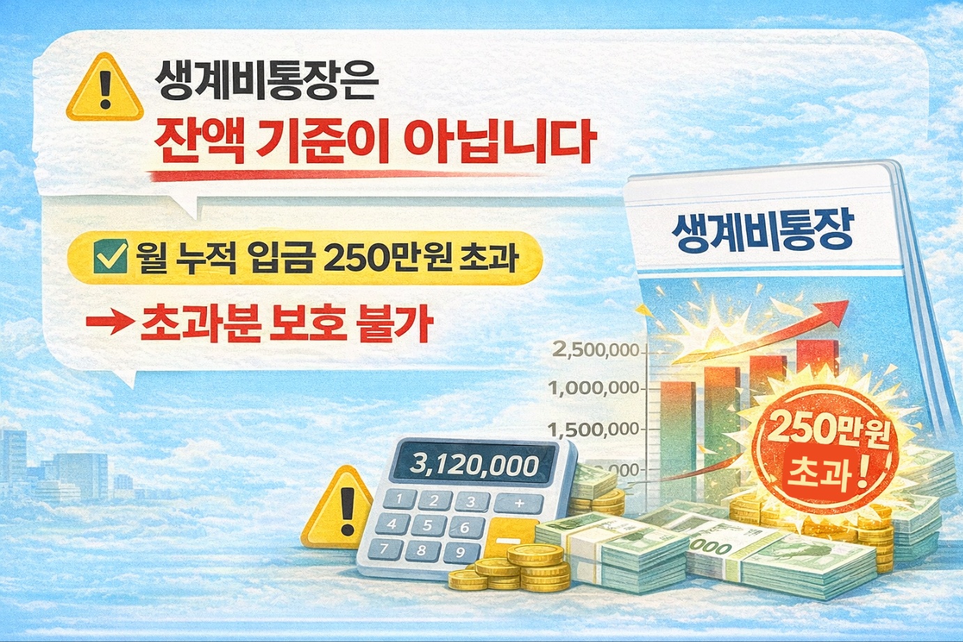 생계비통장은 잔액 기준이 아니라 월 누적 입금액 250만원을 기준으로 보호 여부가 결정된다는 구조를 설명한 이미지