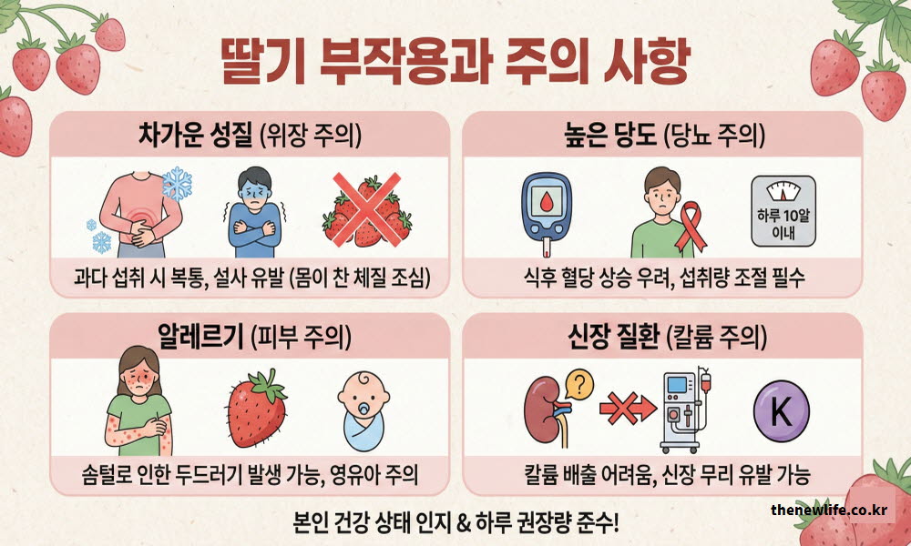 딸기 효능 외에 섭취 시 주의해야 할 부작용과 주의 사항을 안내하는 이미지