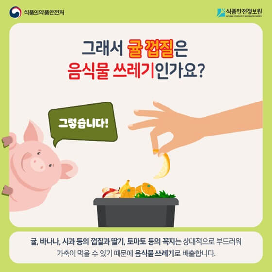 귤껍질은 음식물 쓰레기입니다. (출처 : 음식물쓰레기 똑똑하게 버리기/정책브리핑&#44; &rsquo;21.6.7.)