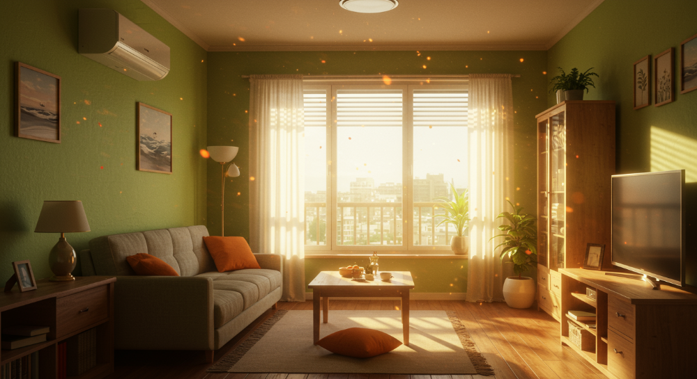 원룸 벽걸이 에어컨이 설치된 아늑한 공간. 높은 천장과 햇살이 잘 드는 창문, 공기 순환을 돕는 선풍기가 보인다. 원룸의 냉방 효율을 시각적으로 보여주는 이미지.