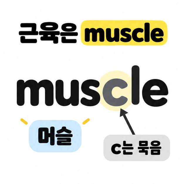 muscle의 c를 강조하고 머슬이라는 발음 근사치와 c는 묵음이라는 설명을 연결한 그림