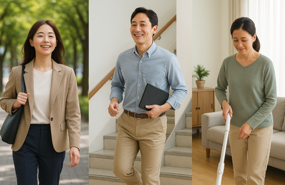 출퇴근·업무·가정에서 활동량을 늘려 골다공증을 예방하는 모습