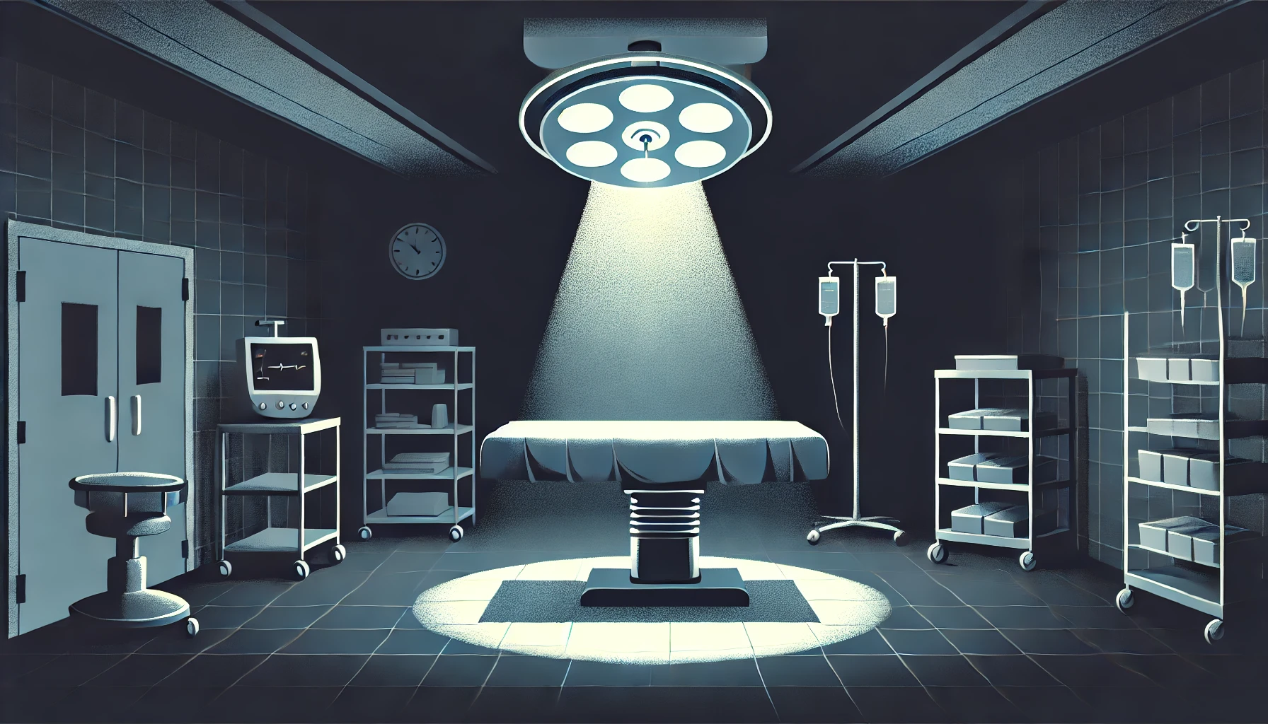 두운 수술실 안에 조명이 비춘 수술 테이블의 플랫 일러스트