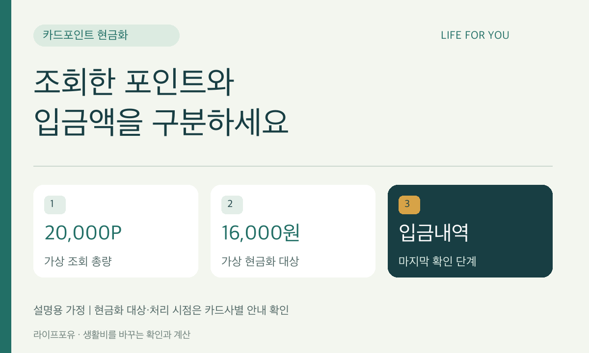 조회한 포인트와 &middot; 입금액을 구분하세요 &mdash; 20,000P 가상 조회 총량, 16,000원 가상 현금화 대상, 입금내역 마지막 확인 단계 (설명용 가정 ❘ 현금화 대상&middot;처리 시점은 카드사별 안내 확인)