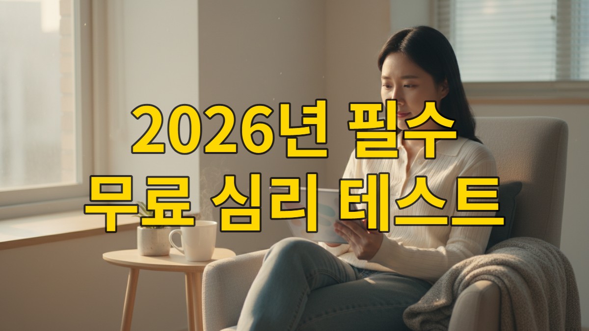 태블릿으로 심리 테스트를 하며 자신을 돌아보는 차분한 한국인 여성의 모습. 아늑한 공간에서 마음의 평화를 찾는 분위기를 연출합니다.