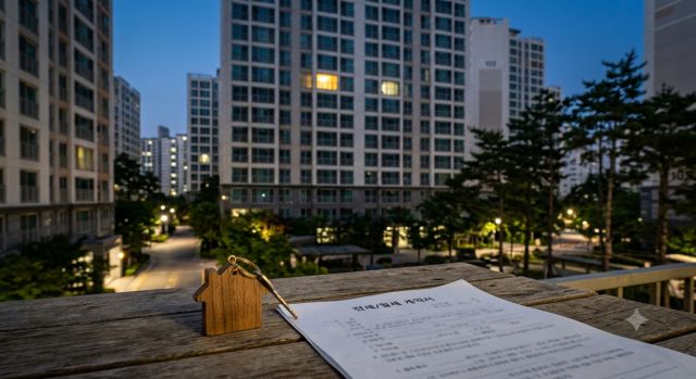 해질녘 아파트 단지와 전세계약서, 집 모양 열쇠고리가 놓인 모습