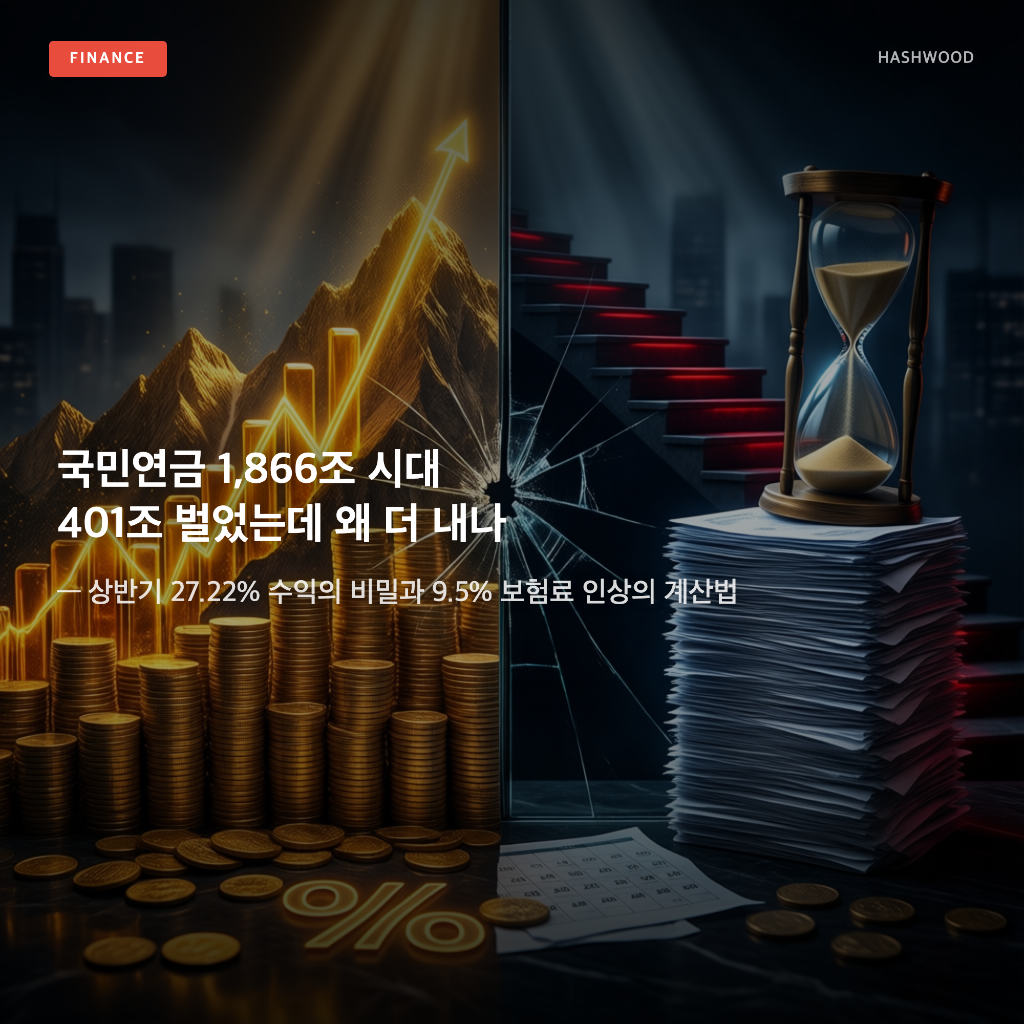 그림: 국민연금 1,866조 시대 401조 벌었는데 왜 더 내나 — 상반기 27.22% 수익의 비밀과 9.5% 보험료 인상의 계산법