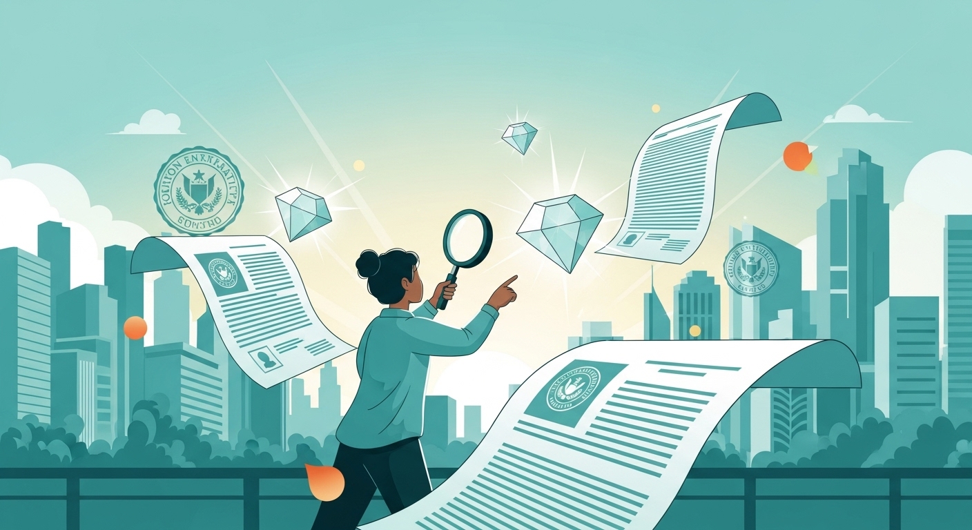 책상 위에 놓인 다양한 정부 서류들 사이에서 빛나는 보석을 발견하는 사람의 모습. 2025년 숨은 정부 지원금을 찾는 희망을 상징합니다.