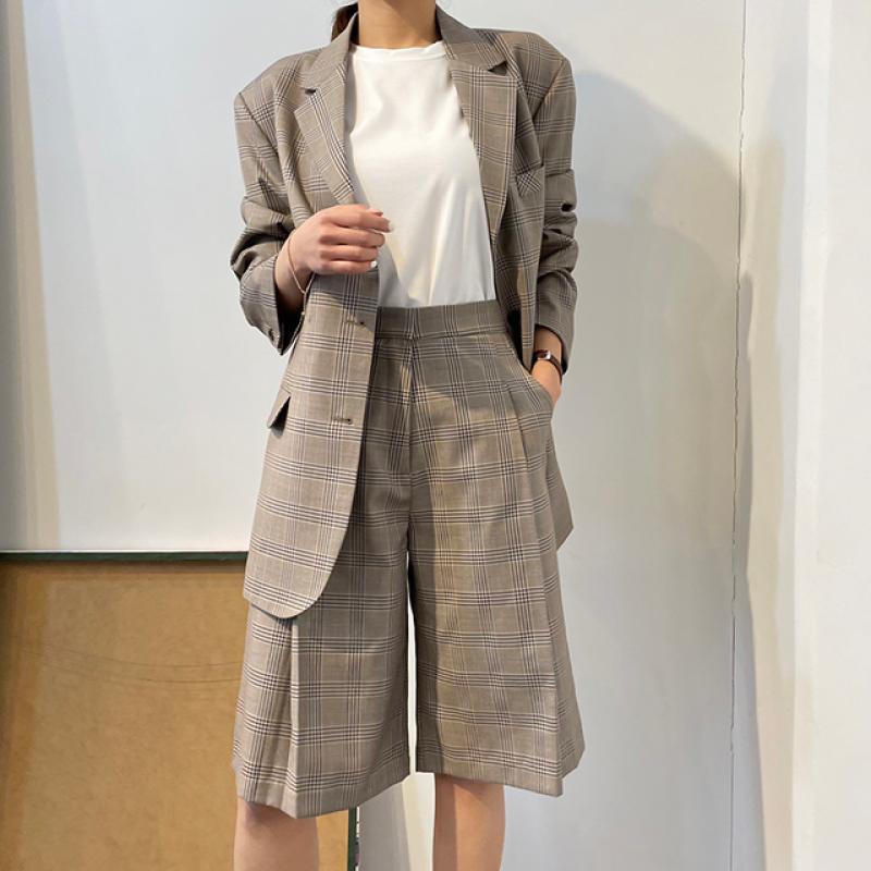 여자 셋업 체크 반바지 수트 세트 idu