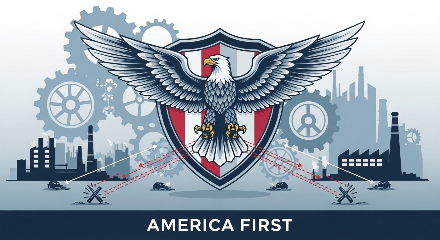 강력한 독수리가 미국 국기 문양의 방패를 지배하고 있으며, 산업 시설과 무역 경로가 그려진 배경은 '아메리카 퍼스트' 정책을 상징한다.