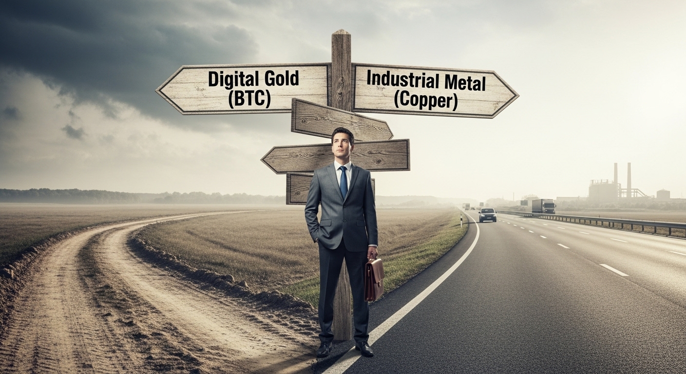 Investor standing at a crossroads sign. Left path 'Digital Gold (BTC)' is a rough dirt road, right path 'Industrial Metal (Copper)' is a paved highway.