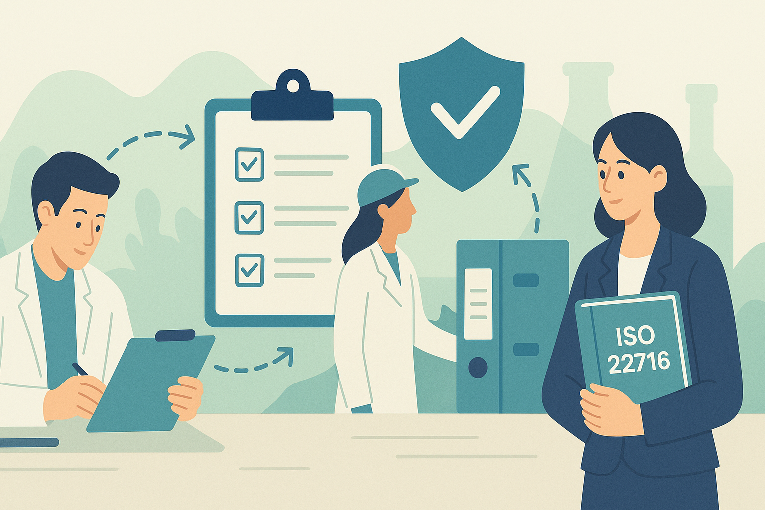 화장품 제조 품질관리와 안전성 평가 과정을 상징적으로 표현한 21:9 파노라마 일러스트로, 실험복을 입은 전문가들이 체크리스트와 흐름 화살표, 보호 방패 아이콘, 바인더를 통해 공정·문서·추적성을 점검하는 장면을 차분한 톤으로 그려 ISO 22716 조화, GMP 의무화 준비, 책임판매업 안전성 평가 보고서, 2028~2031 단계적 시행 대응의 핵심 메시지를 시각적으로 전달합니다.