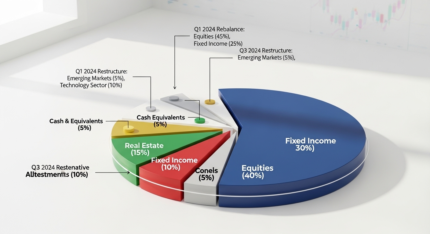 정교하게 분산된 투자 포트폴리오를 나타내는 원형 차트 이미지, 자산 재구성 로드맵을 시각화
