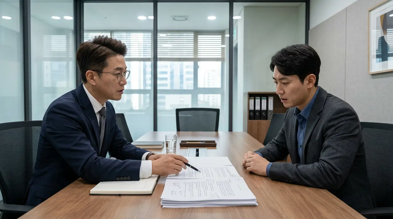 법률 사무소 회의실에서 정장 차림의 변호사와 직장인이 사내 융자 계약서와 취업규칙을 검토하며 부당 해고 방어 상담을 진행하는 모습