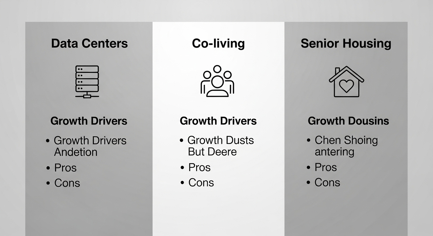 데이터센터, 코리빙, 시니어 하우징의 장단점과 성장 동력을 비교하는 투자 분석 표.