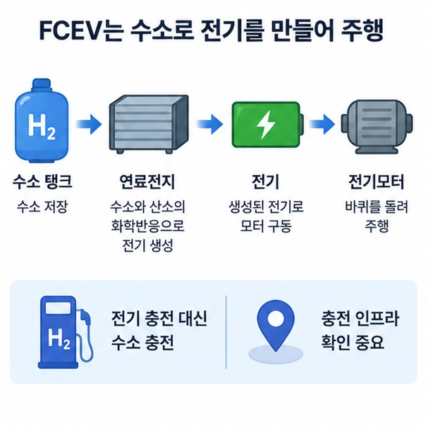 수소연료전지차가 수소로 전기를 만들어 전기모터를 구동하는 과정을 보여주는 이미지