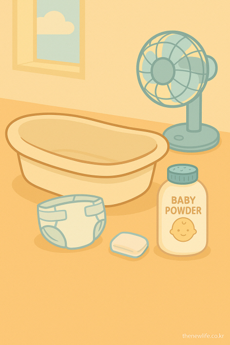 A digital illustration of baby care items for preventing heat rash, including a baby powder, a diaper, soap, a baby bathtub, and an electric fan placed in a bright, airy room.-아기 땀띠 예방을 위한 용품들: 베이비 파우더, 기저귀, 비누, 아기 욕조, 선풍기가 햇살 드는 시원한 방에 놓여 있다.