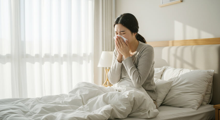 집먼지진드기 알레르기로 기침을 하고 있는 여성